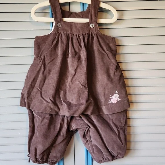 Jacadi Paris Dark Brown Jumpsuit with Pink Floral Embroidery - Picture 2 of 11